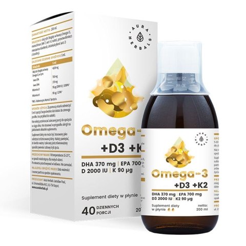 Aura Herbals Omega-3 + Witamina D3 2000IU + K2 MK-7 200 ml w płynie Aura Herbals Omega-3 + Witamina D3 2000IU + K2 MK-7 200 ml w płynie