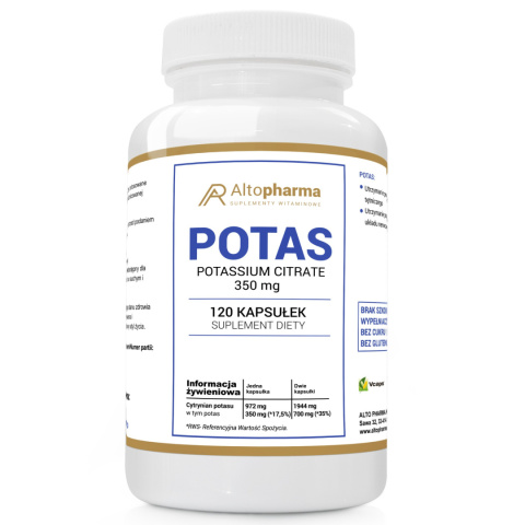 Altopharma Potas Cytrynian Potasu 350mg, suplement diety wege 20 kapsułek Altopharma Potas Cytrynian Potasu 350mg, suplement diety wege 20 kapsułek