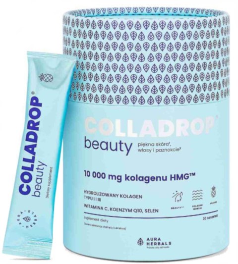 Aura Herbals Colladrop Beauty – kolagen do picia HMG 10 000 mg, ananas, 30 saszetek | Wsparcie skóry, włosów i paznokci Aura Herbals Colladrop Beauty – kolagen do picia HMG 10 000 mg, ananas, 30 saszetek | Wsparcie skóry, włosów i paznokci